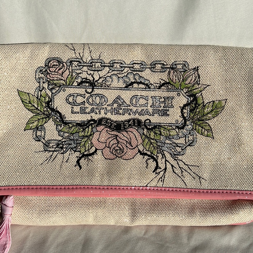 Coach Canvas Tattoo Clutch/Wristlet- Cream and Pink with a Gold sprinkle (large)